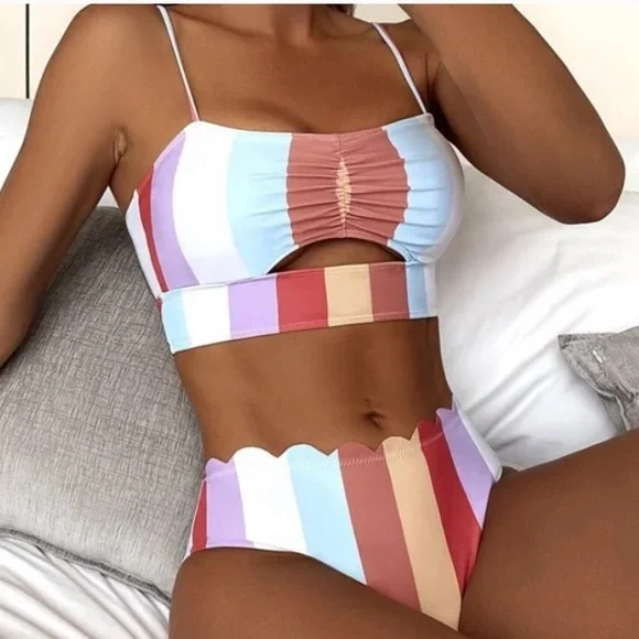 Boho Color Block Stripes Cut out Scallop Bikini Swimsuit - Picture 1 of 4